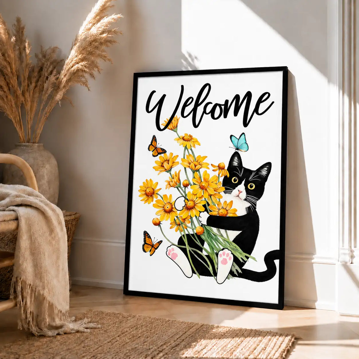 Welcome Cat Holding Yellow Daisies Wall Art 4