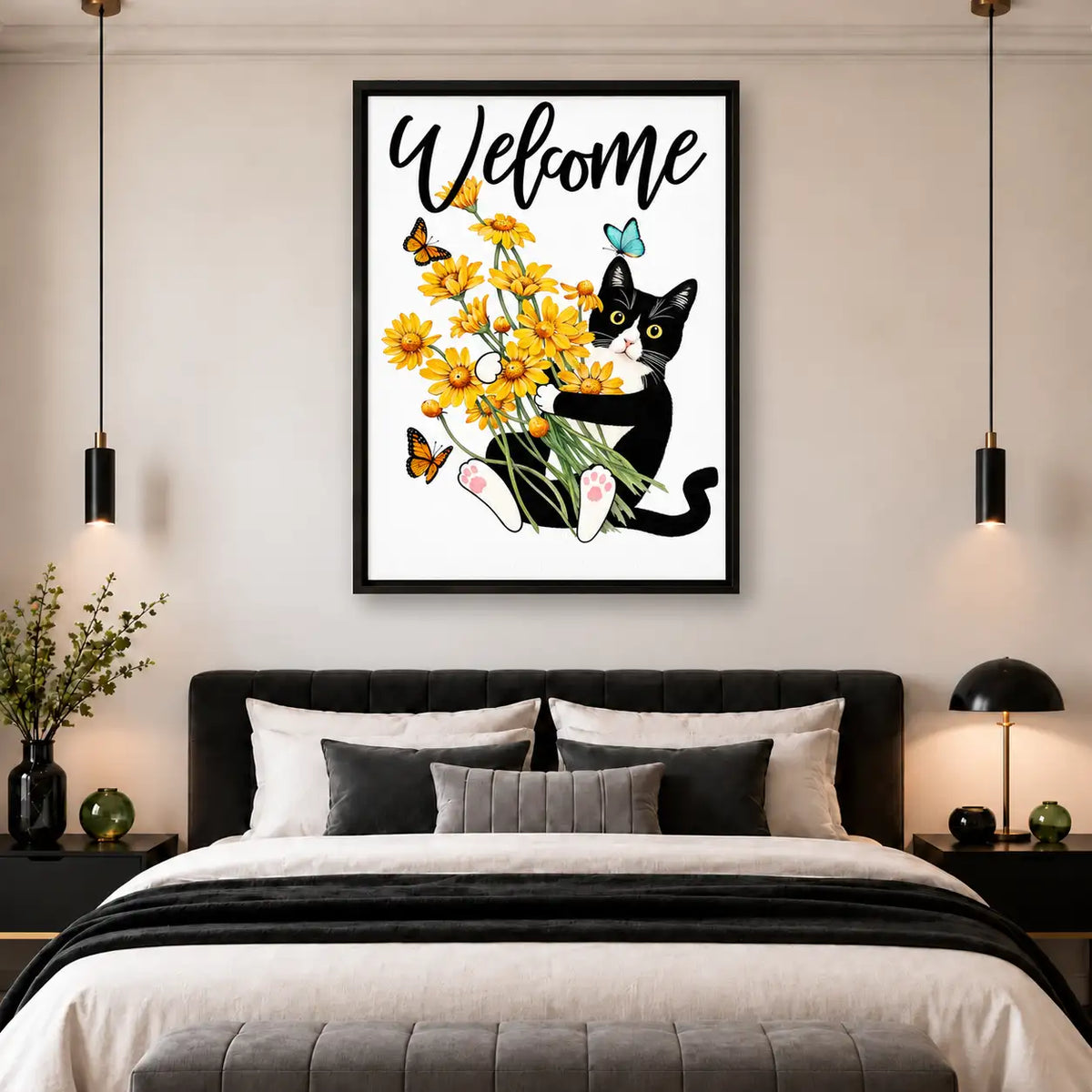 Welcome Cat Holding Yellow Daisies Wall Art 5