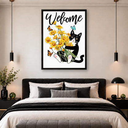 Welcome Cat Holding Yellow Daisies Wall Art 5