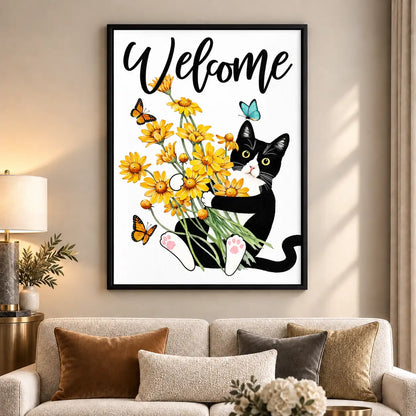 Welcome Cat Holding Yellow Daisies Wall Art 6