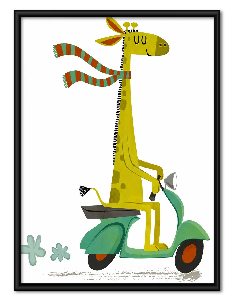 Whimsical Giraffe Riding a Green Scooter Wall Art 1