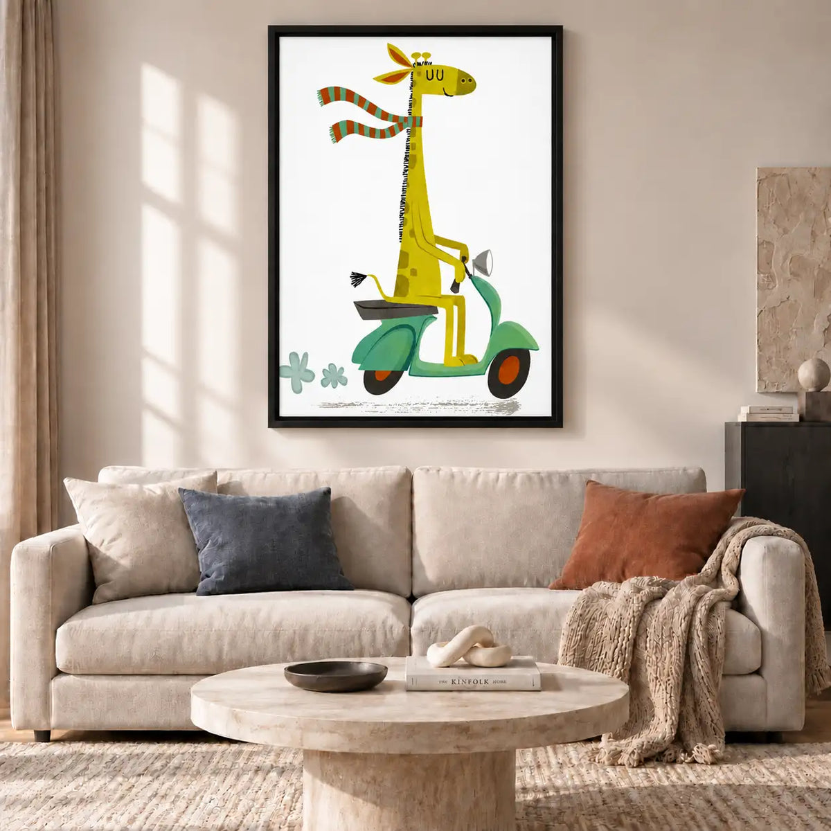 Whimsical Giraffe Riding a Green Scooter Wall Art 2