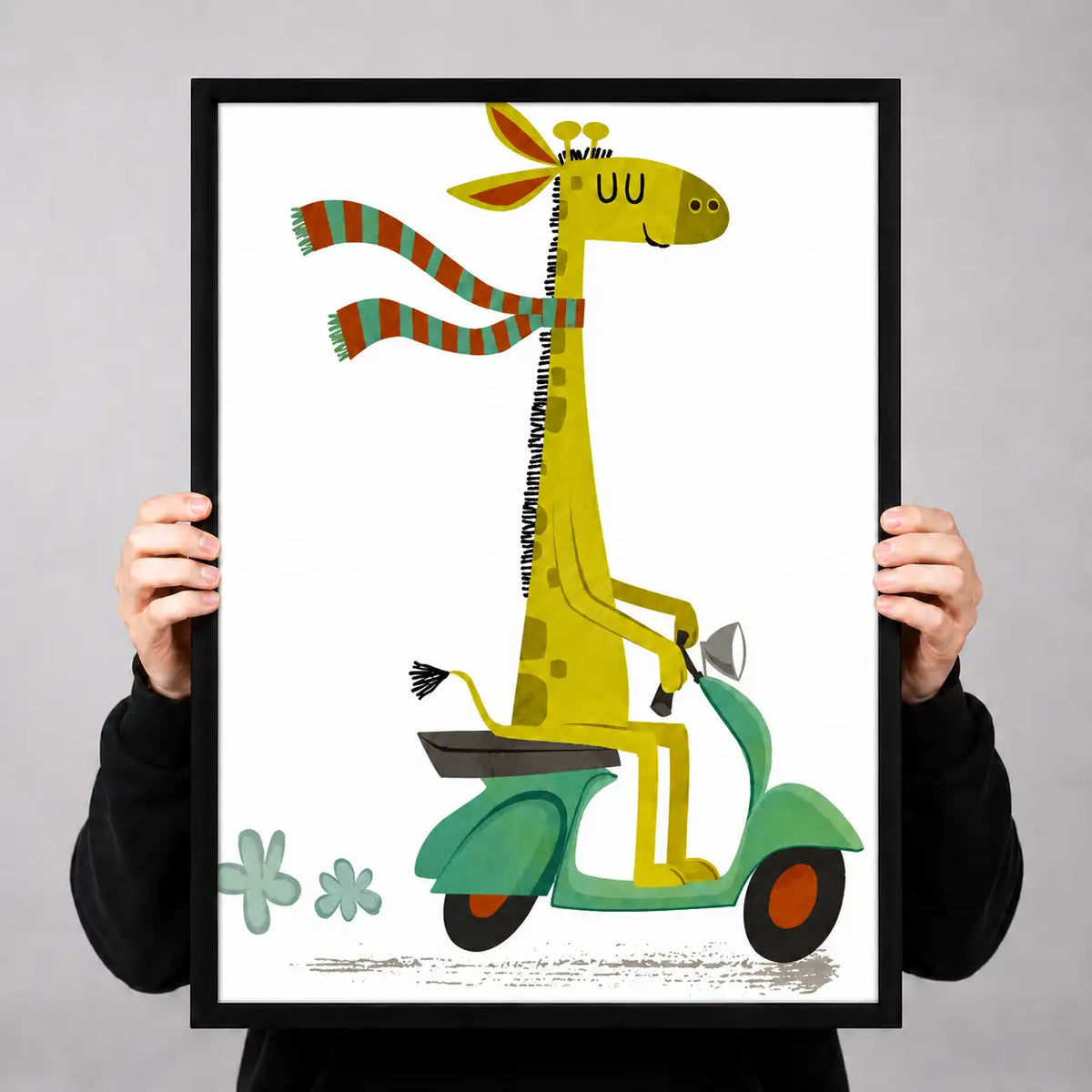 Whimsical Giraffe Riding a Green Scooter Wall Art 3