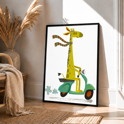 Whimsical Giraffe Riding a Green Scooter Wall Art 4