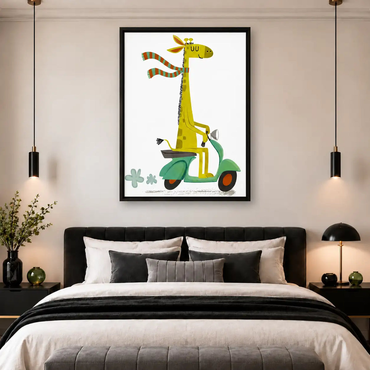 Whimsical Giraffe Riding a Green Scooter Wall Art 5