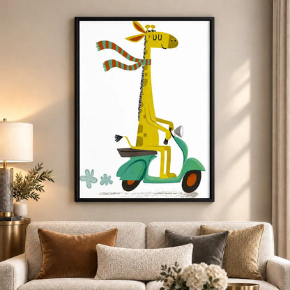Whimsical Giraffe Riding a Green Scooter Wall Art 6