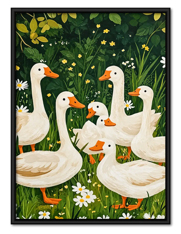 White Geese Gathering in a Flower Garden Wall Art