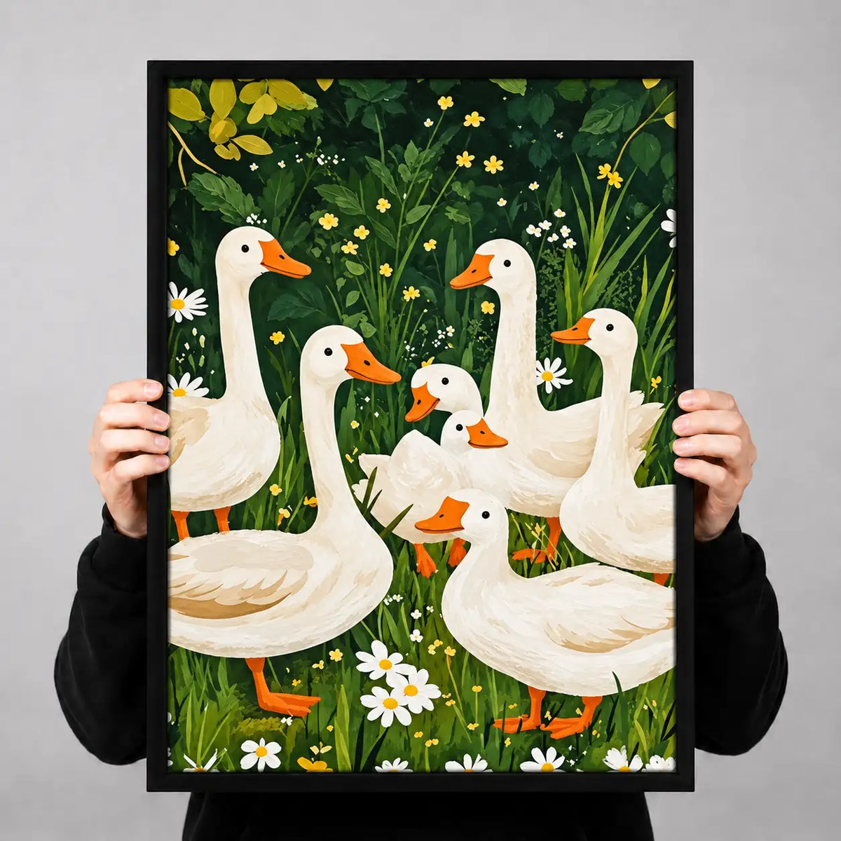 White Geese Gathering in a Flower Garden Wall Art 3