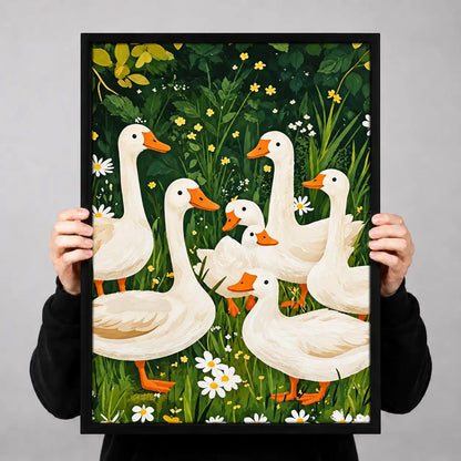 White Geese Gathering in a Flower Garden Wall Art 3