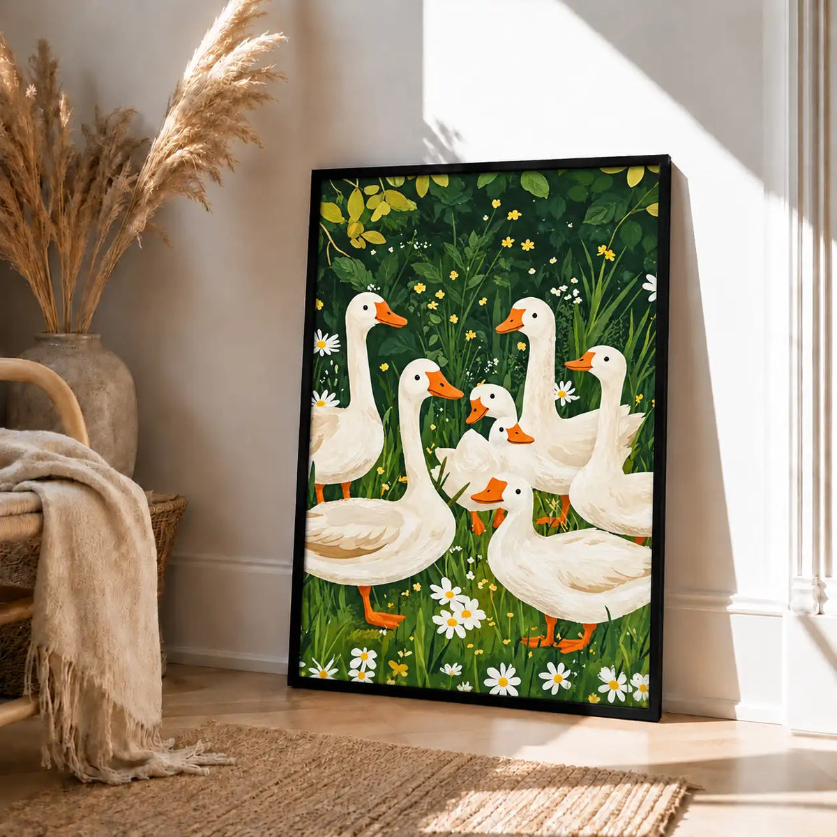 White Geese Gathering in a Flower Garden Wall Art 4
