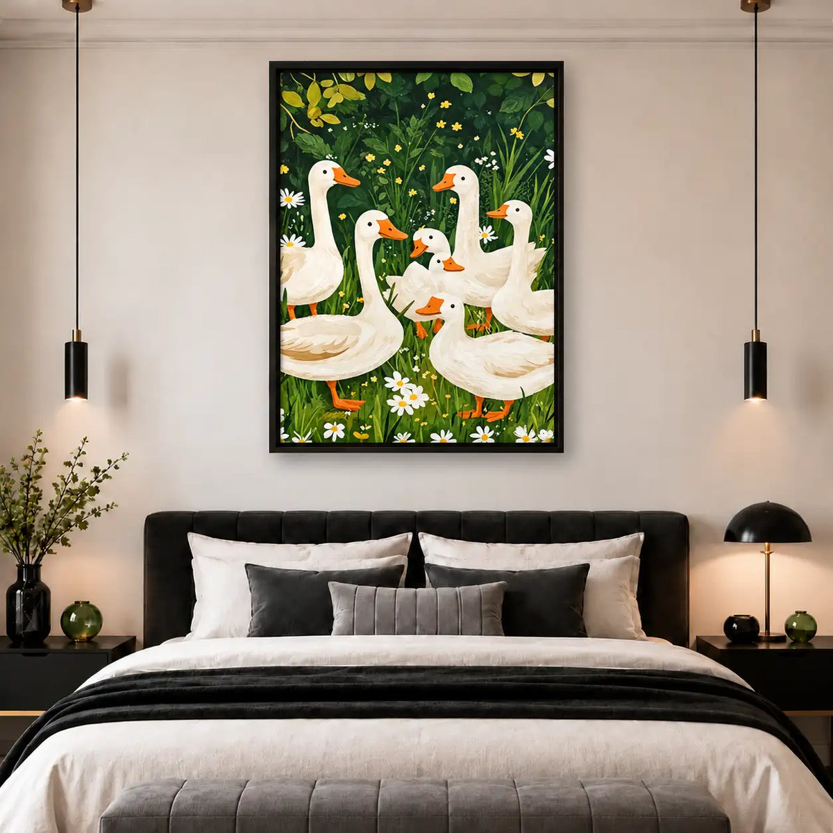 White Geese Gathering in a Flower Garden Wall Art 5