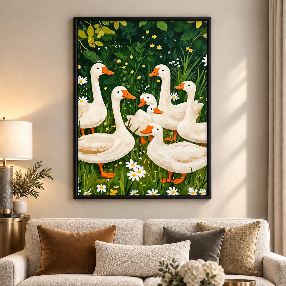 White Geese Gathering in a Flower Garden Wall Art 6