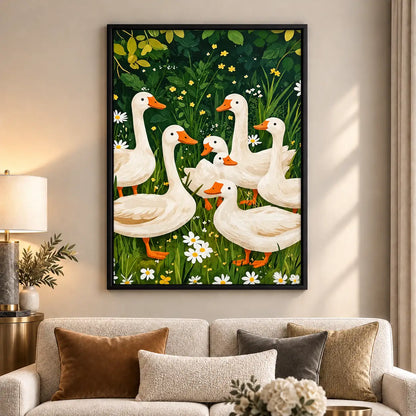 White Geese Gathering in a Flower Garden Wall Art 6