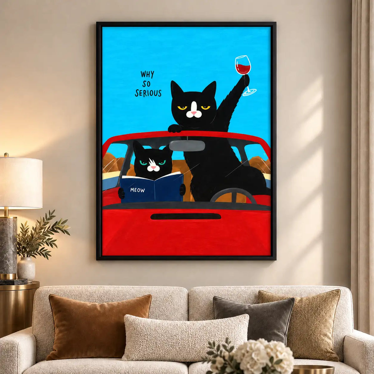Why So Serious Cats Driving Red Car Wall Art 6