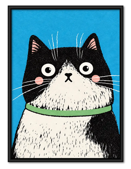 Wide-Eyed Black and White Cat Portrait Wall Art