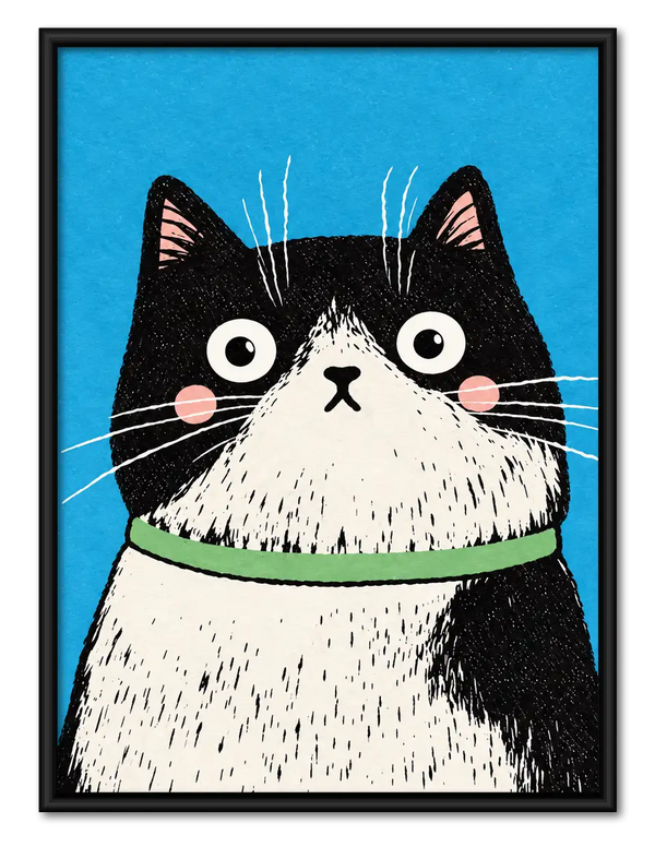 Wide-Eyed Black and White Cat Portrait Wall Art