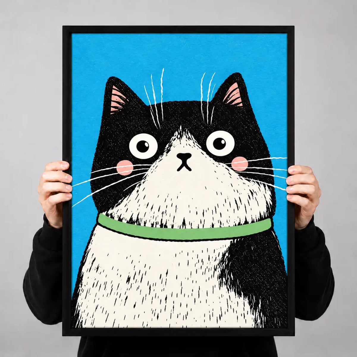 Wide-Eyed Black and White Cat Portrait Wall Art 3