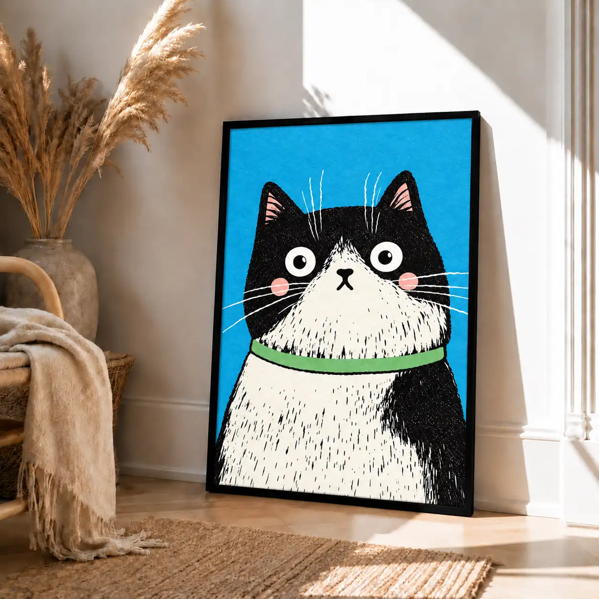 Wide-Eyed Black and White Cat Portrait Wall Art 4