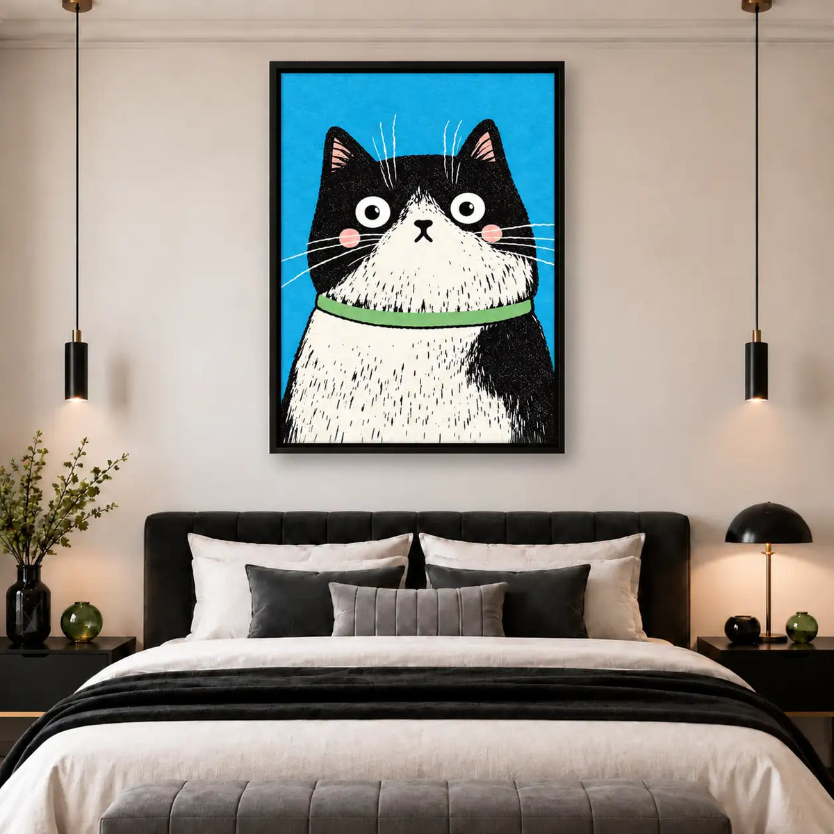 Wide-Eyed Black and White Cat Portrait Wall Art 5