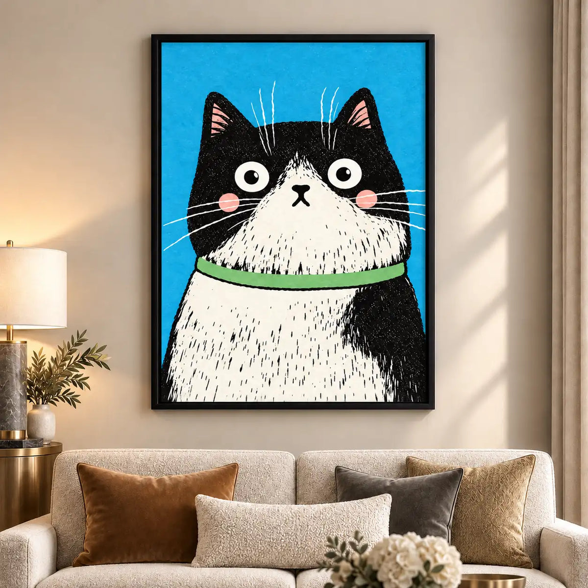 Wide-Eyed Black and White Cat Portrait Wall Art 6