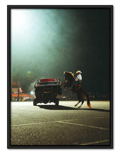Cowboy Riding Horse With Classic Car Wall Art 1