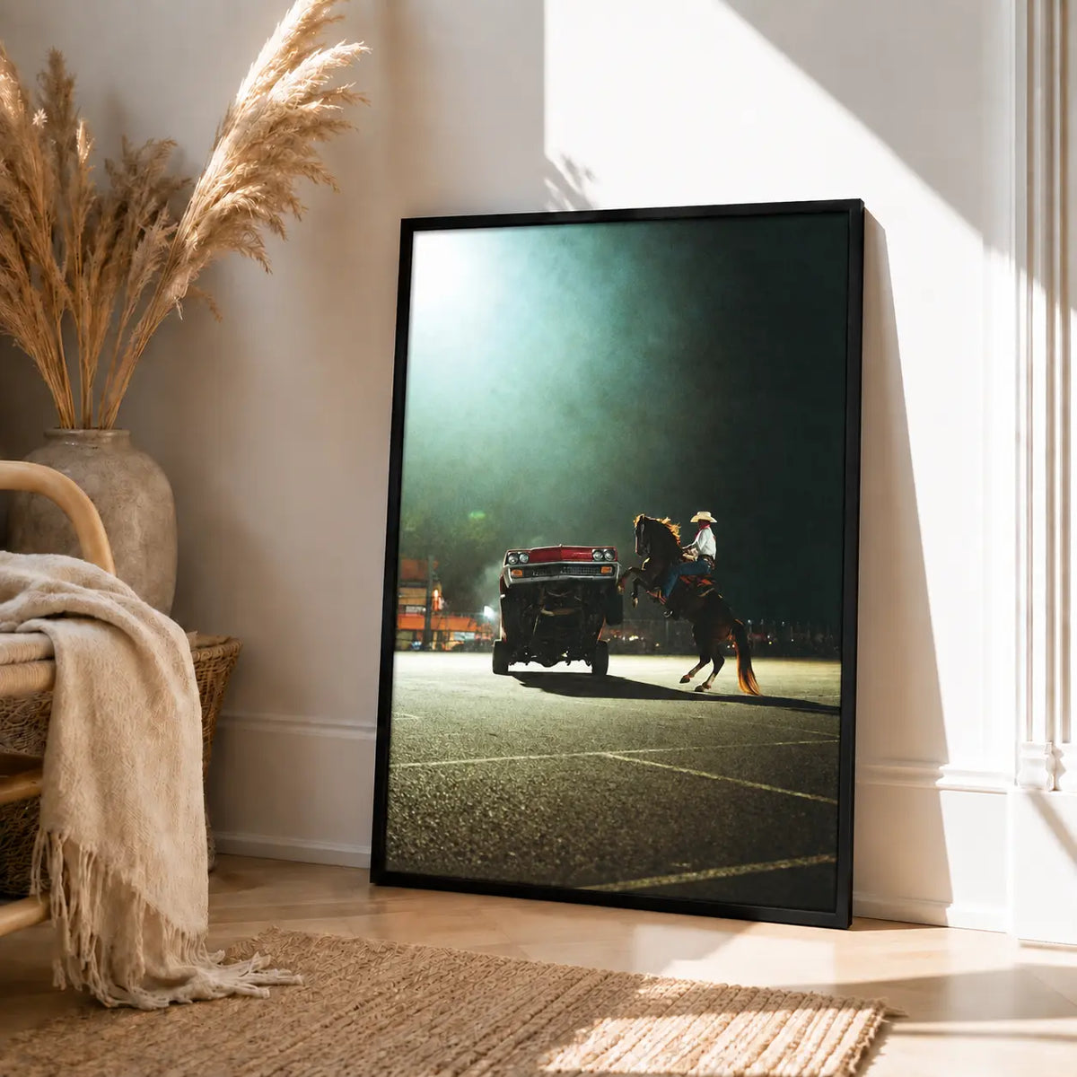 Cowboy Riding Horse With Classic Car Wall Art 4