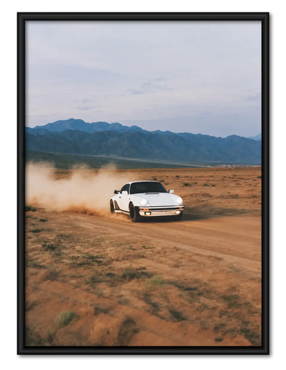 White Porsche Desert Drive Wall Art 1