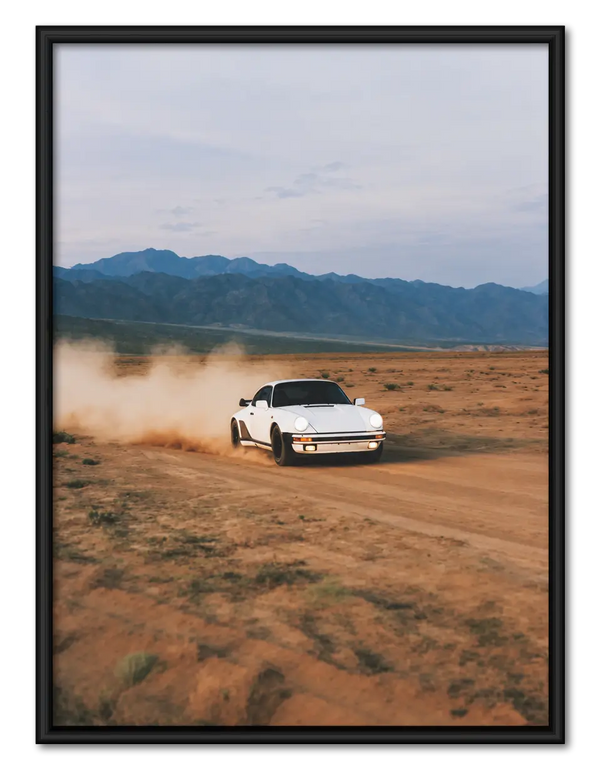 White Porsche Desert Drive Wall Art