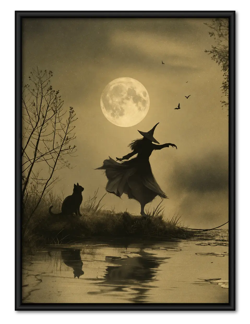 Witch and Cat Moonlight Silhouette Wall Art 1