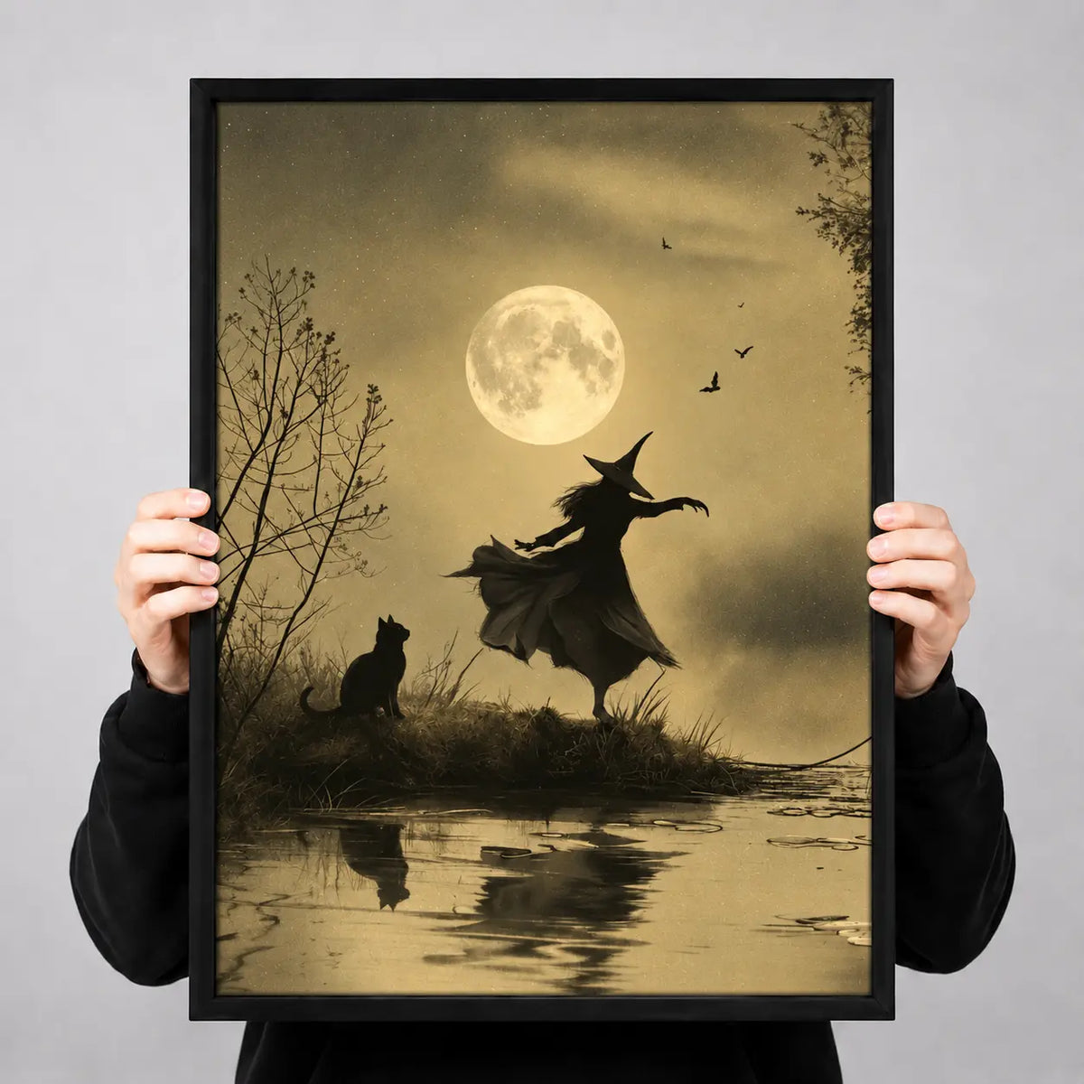 Witch and Cat Moonlight Silhouette Wall Art 3