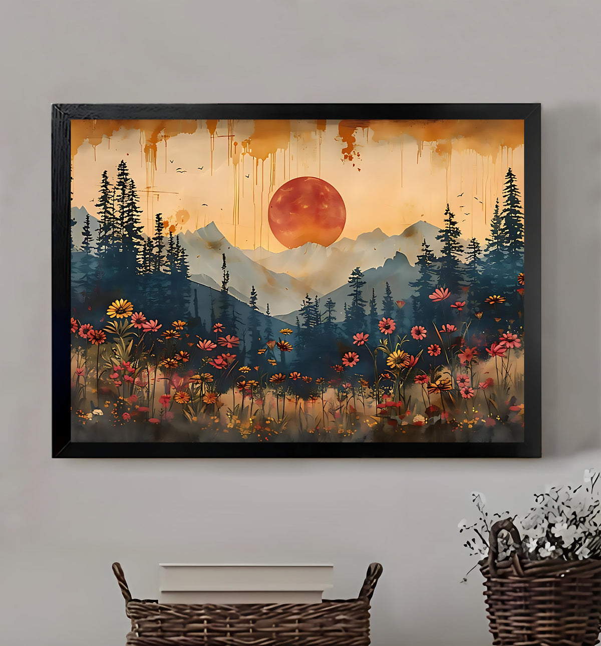 Forest Sunset 鈥?Scenic Landscape Wall Art on Natural Wood Canvas | W326