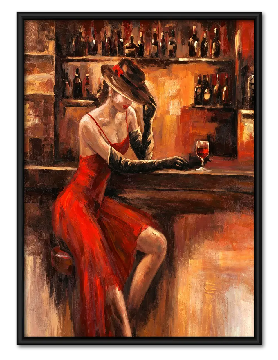 Elegant Woman In Red Dress Bar Painting Wall Art 1