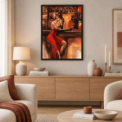 Elegant Woman In Red Dress Bar Painting Wall Art 2