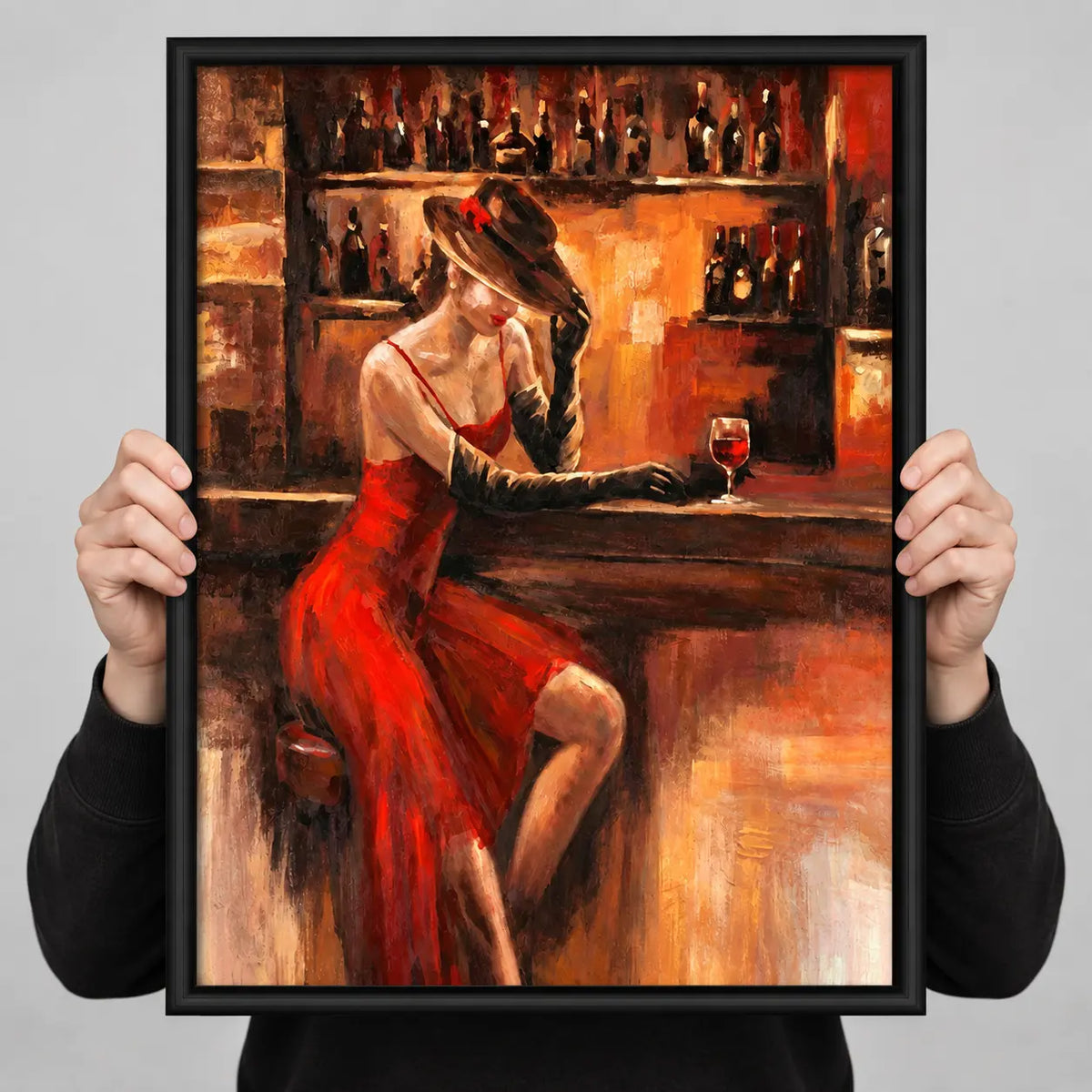 Elegant Woman In Red Dress Bar Painting Wall Art 3