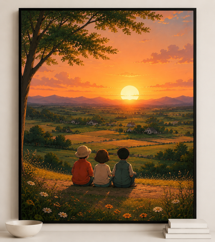 The Golden Field Rest 鈥?Cozy Rural Sunset Scene Wall Art on Natural Wood Canvas | W007