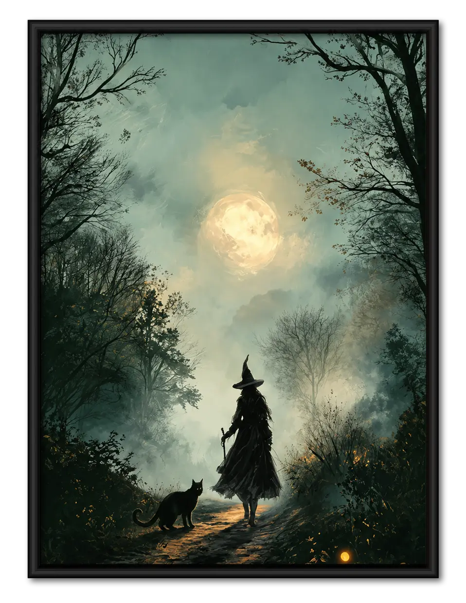 Witch and Black Cat Moonlit Forest Wall Art 1