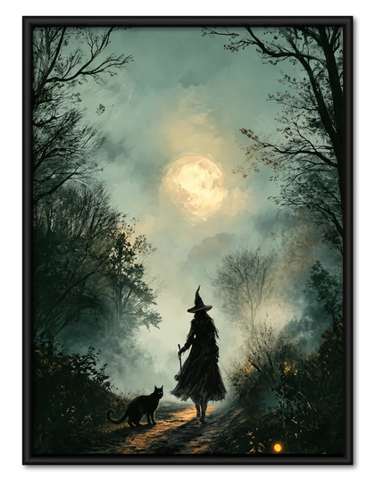 Witch and Black Cat Moonlit Forest Wall Art