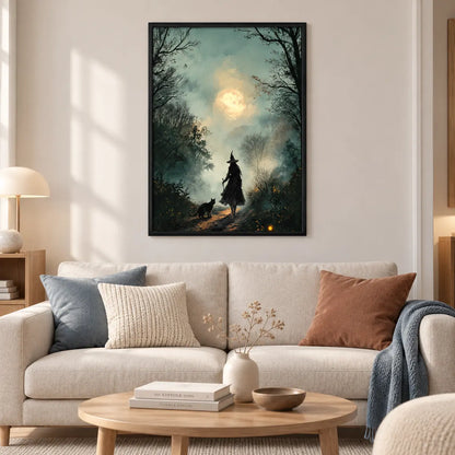 Witch and Black Cat Moonlit Forest Wall Art 2