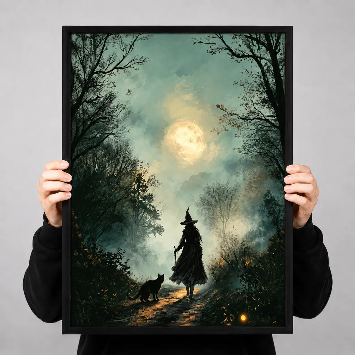 Witch and Black Cat Moonlit Forest Wall Art 3