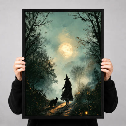 Witch and Black Cat Moonlit Forest Wall Art 3