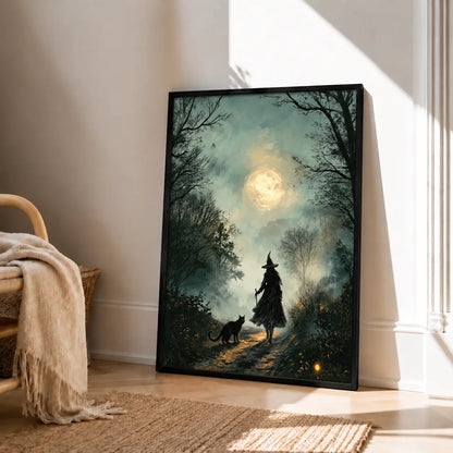 Witch and Black Cat Moonlit Forest Wall Art 4