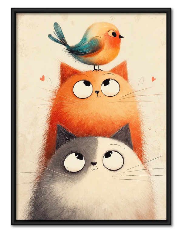 Cats and Bird Friendship Illustration Wall Art