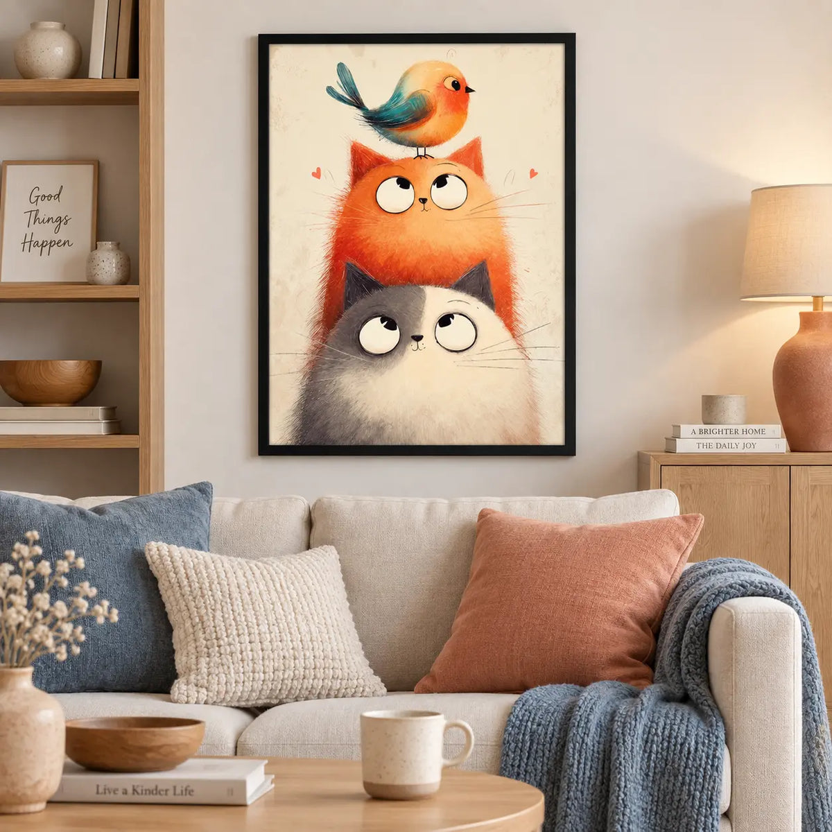 Cats and Bird Friendship Illustration Wall Art 2