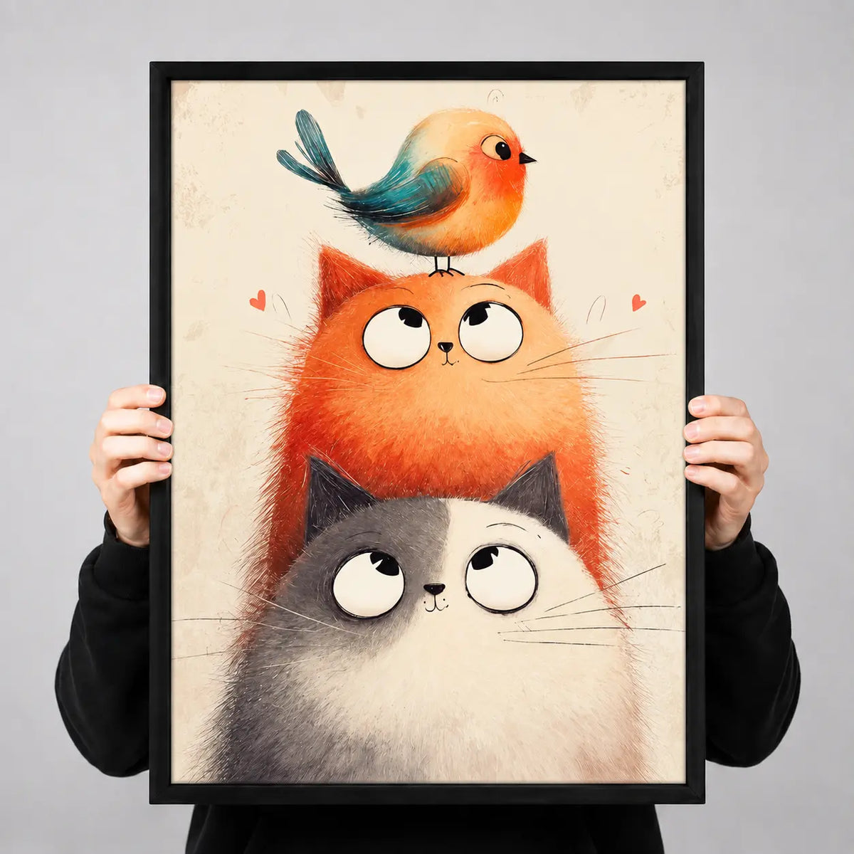 Cats and Bird Friendship Illustration Wall Art 3