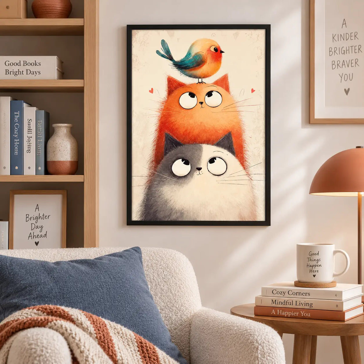 Cats and Bird Friendship Illustration Wall Art 4
