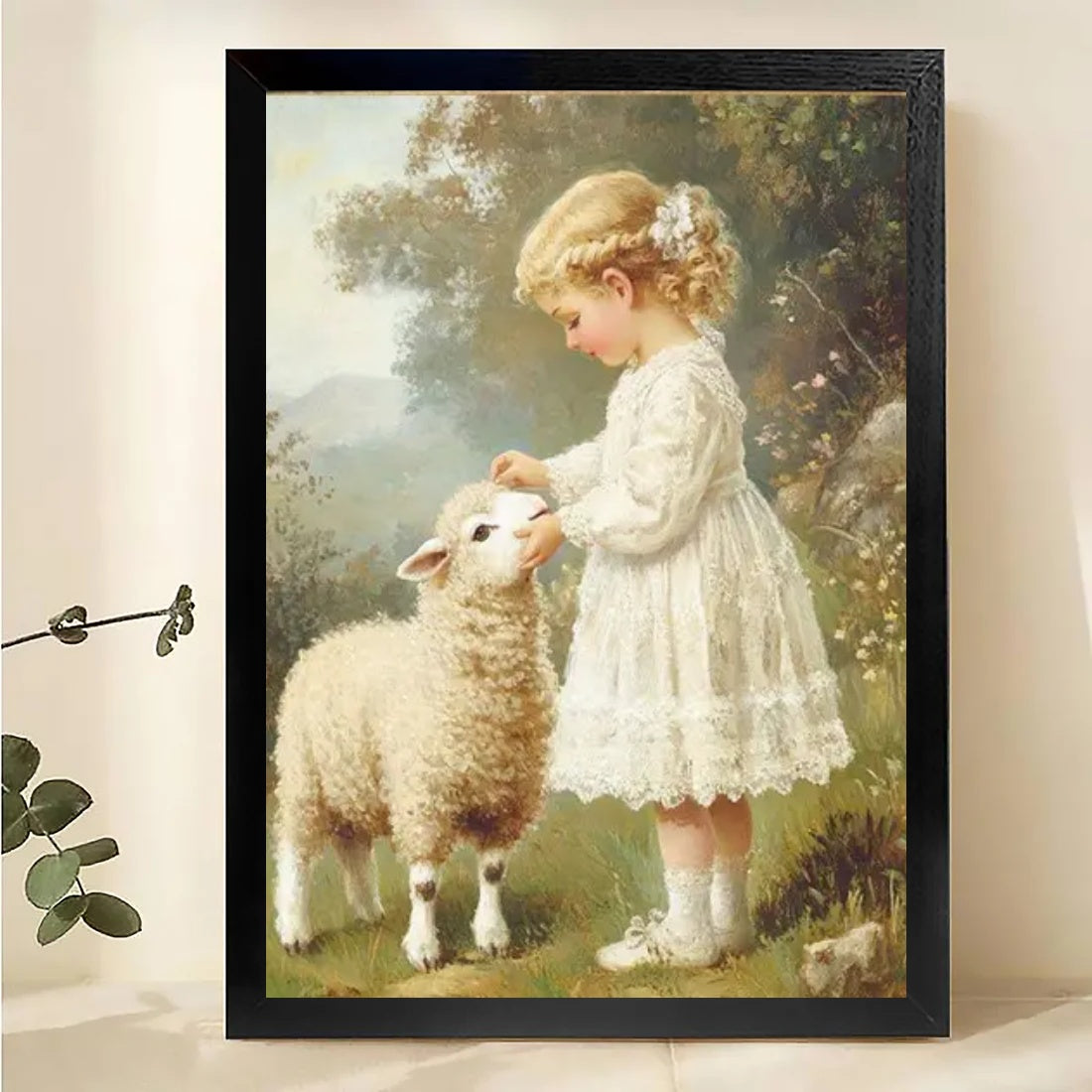 The Girl  Lamb Encounter 鈥?Pastoral Vintage Wall Art on Natural Wood Canvas | W104