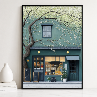 The Tree-Lined Little Shop 鈥?Charming Boutique Street Scene Wall Art on Natural Wood Canvas | W069