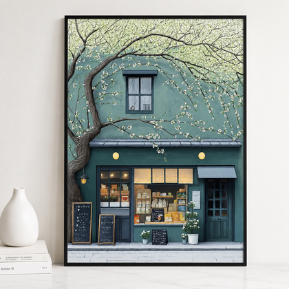 The Tree-Lined Little Shop 鈥?Charming Boutique Street Scene Wall Art on Natural Wood Canvas | W069