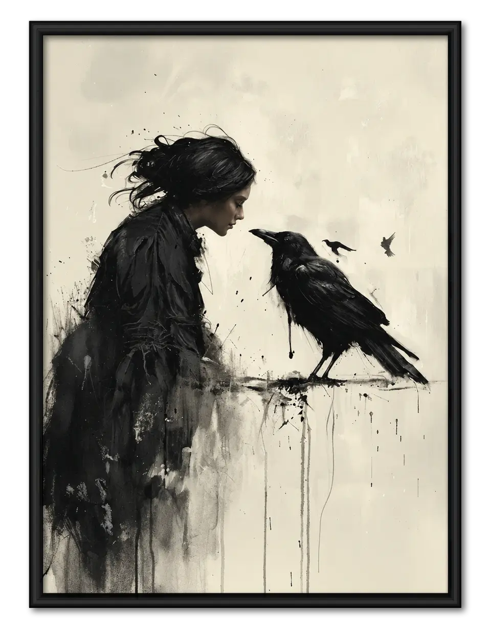 Woman and Raven Monochrome Dark Art Wall Art 1