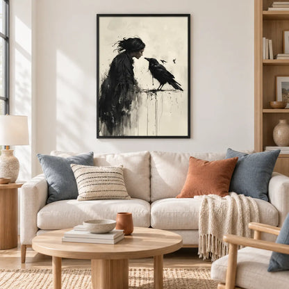 Woman and Raven Monochrome Dark Art Wall Art 2